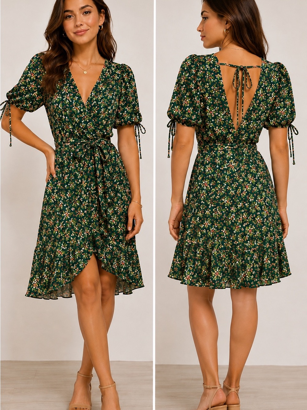 Purple Snow Green Floral Wrap Ruffle Mini Dress Size L Cottagecore Romantic